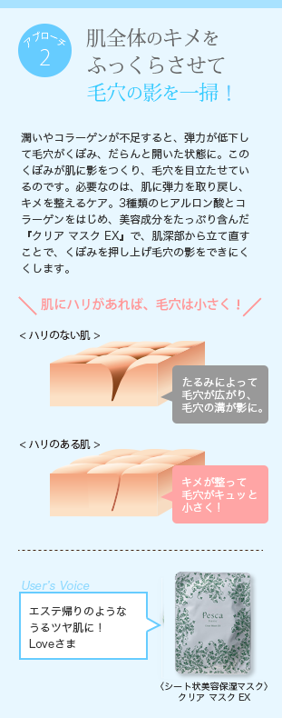 アプローチ2
【肌全体のキメをふっくらさせて毛穴の影を一掃！】
潤いやコラーゲンが不足すると、弾力が低下して毛穴がくぼみ、だらんと開いた状態に。このくぼみが肌に影をつくり、毛穴を目立たせているのです。必要なのは、肌に弾力を取り戻し、キメを整えるケア。3種類のヒアルロン酸とコラーゲンをはじめ、美容成分をたっぷり含んだ『クリア マスク EX』で、肌深部から立て直すことで、くぼみを押し上げ毛穴の影をできにくくします。
〈シート状美容保湿マスク〉クリア マスク EX