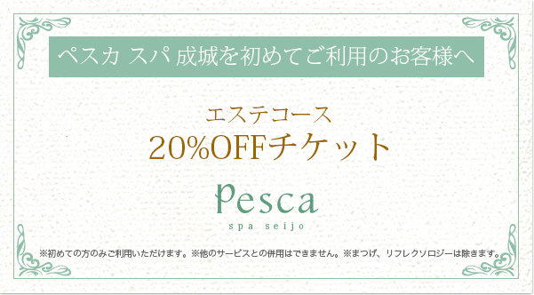 ペスカ スパ 成城を初めてご利用のお客様へ
エステコース/ネイル
20%OFFチケット